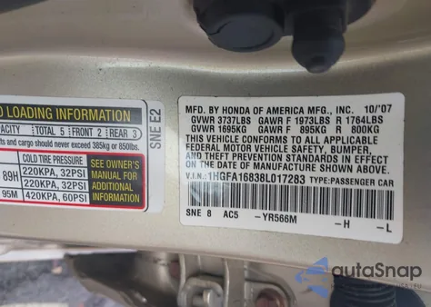 2008 Honda Civic Ex z USA, uszkodzony, nr VIN 1HGFA16838L017283